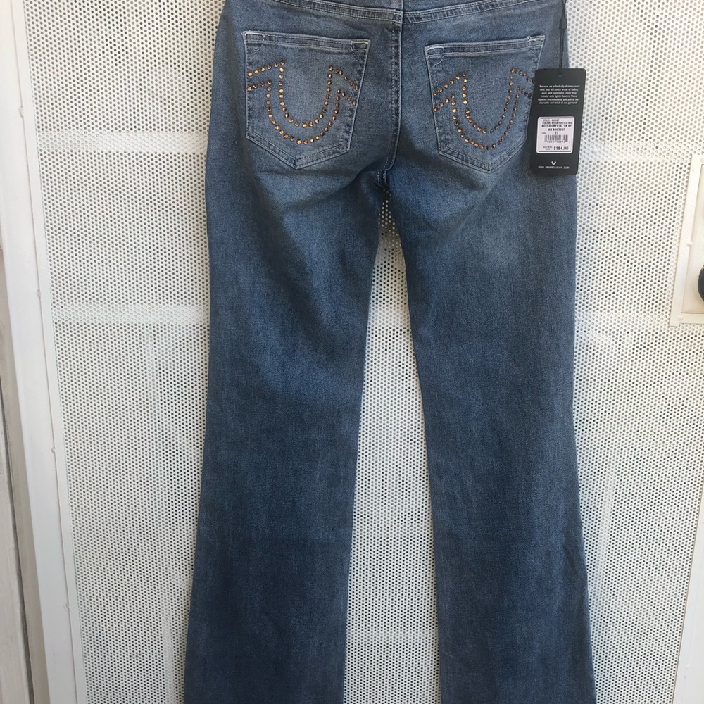 True Religion Mid Blue Bootcut Jeans with Amber Crystal Embellishment - Picture 11 of 11